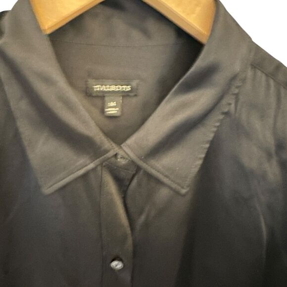Talbots Black 100% Silk Shiny Button Up Long Sleeve Blouse Size M - Picture 3 of 6